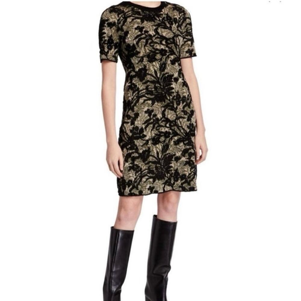Tory Burch Cloque’ Fit & Flare Sweater Dress Black/Alabaster Metallic Size S